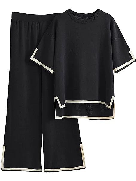 Womens Pajamas Sets Short Sleeve Knit Pullover Tops with Wide Leg Pants 2 Piece Soft Lounge Sets for Women