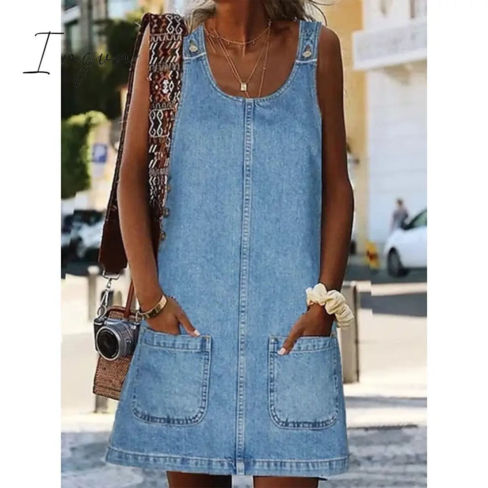 Ingvn - Women’s Casual Dress Shift Denim Overall Pinafore Mini Fashion Modern Outdoor Daily