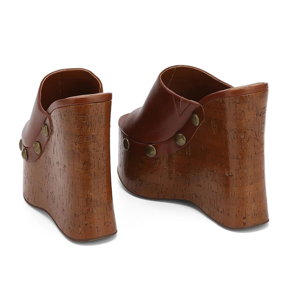 Brown Open Toe Studded Platform Wedge High Heel Mule Shoes for Women