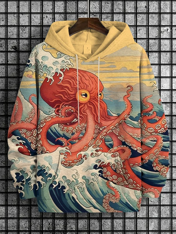 Men's Octopus In The Waves Japanese Art Print Hooded Sweatshirt