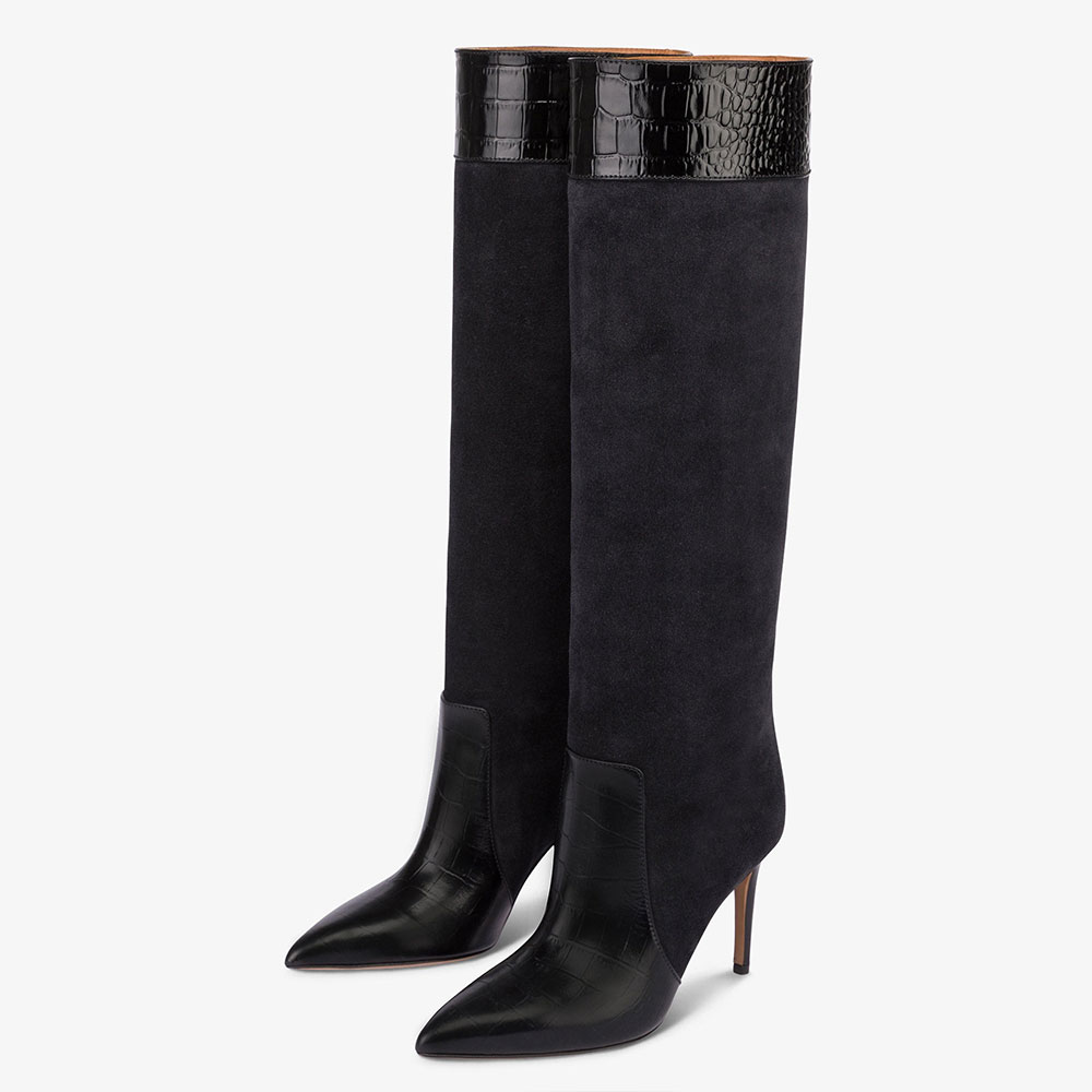 Black Crocodile Embossed Pointed Toe Stiletto Heel Knee High Boots Nicepairs