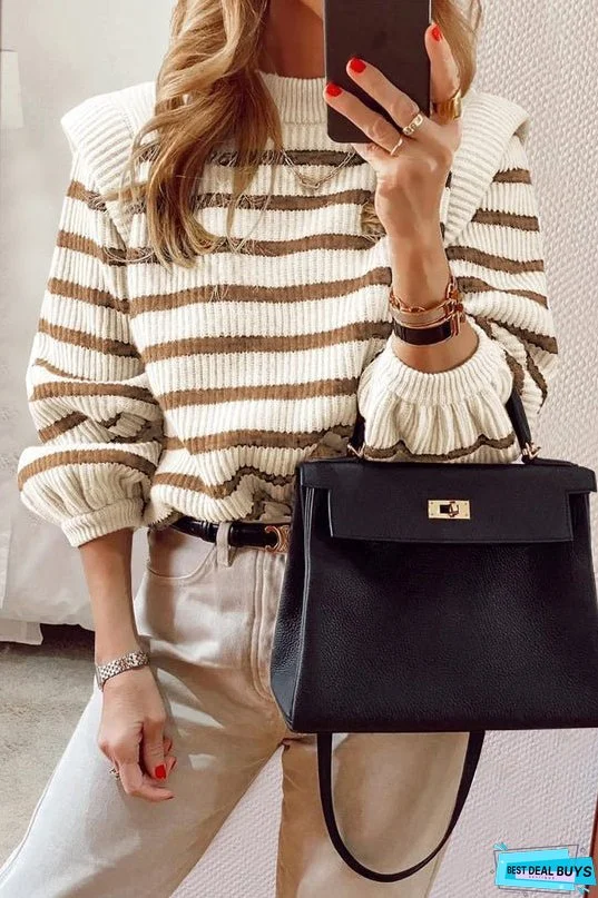 Long Lantern Sleeve Striped Ribbed Knit Pullover Top