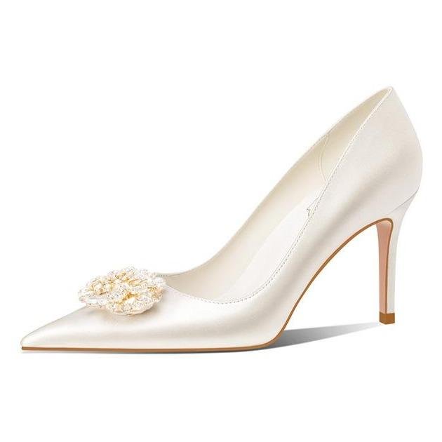 Women's elegant sliky white crystal pinted toe high heels pumps for wedding dress