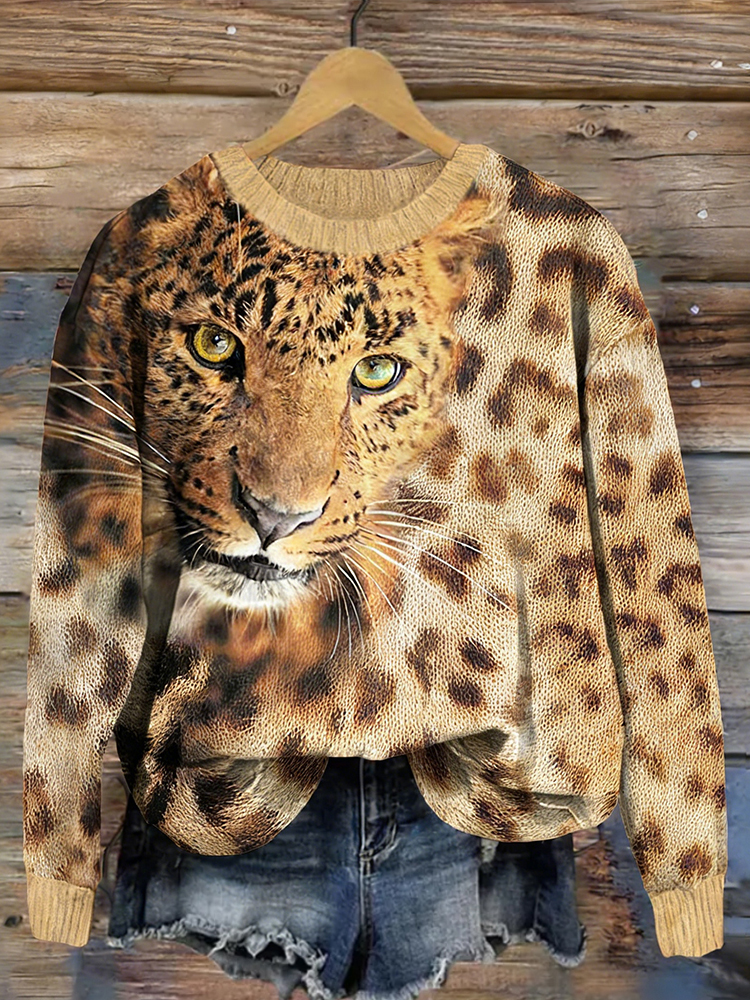 Vintage Forest Leopard Inspired Cozy Knit Sweater wearshes