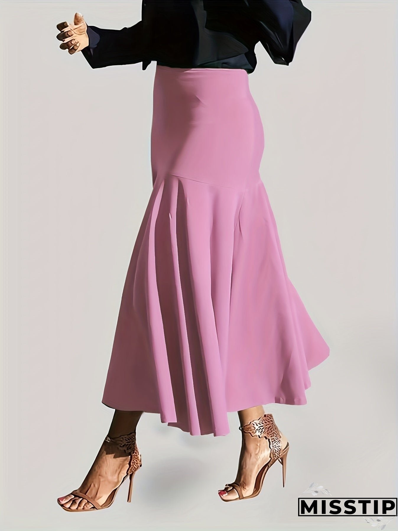 Plus Size Party Skirt, Women's Plus Solid High Rise Non-stretch Maxi Mermaid Skirt