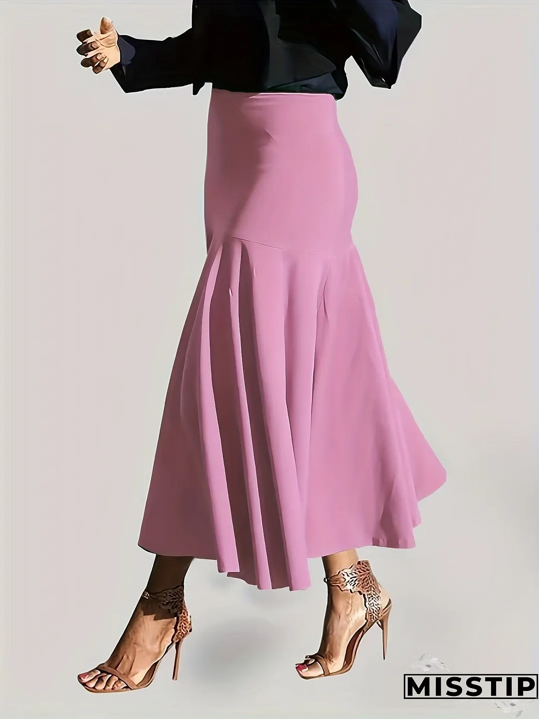 Plus Size Party Skirt, Women's Plus Solid High Rise Non-stretch Maxi Mermaid Skirt