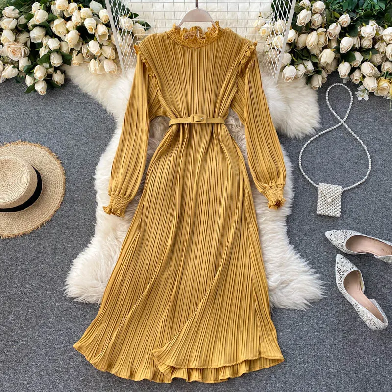 Croysier Spring Autumn Dresses For Women Casual Stand Collar Frill Long Sleeve Pleated Dress With Belt Ladies Elegant Midi Dress
