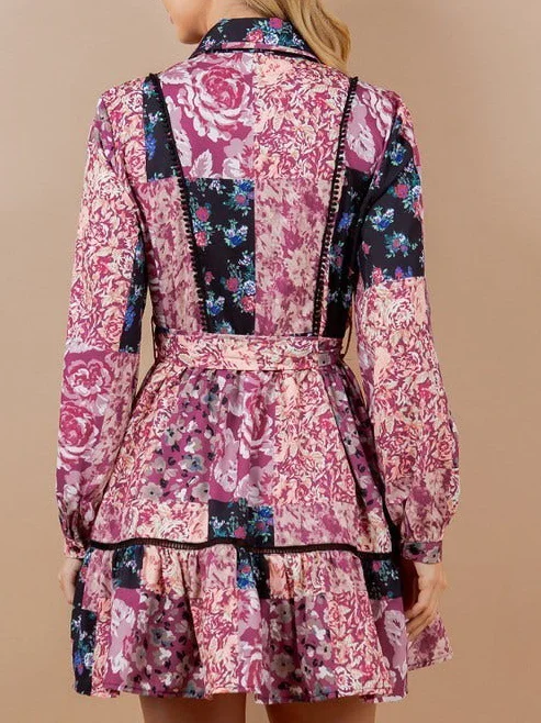 Floral Print Patchwork Long Sleeve Shirt Dress