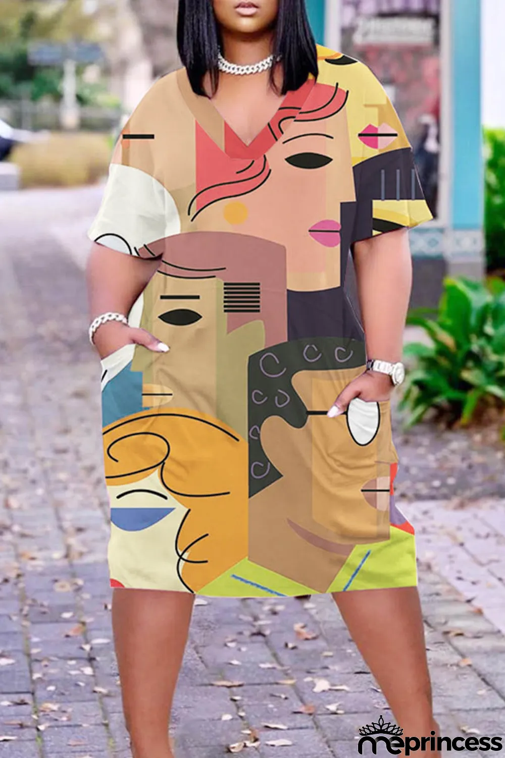 Light Khaki Casual Print Patchwork Basic V Neck Short Sleeve Dress Plus Size Dresses