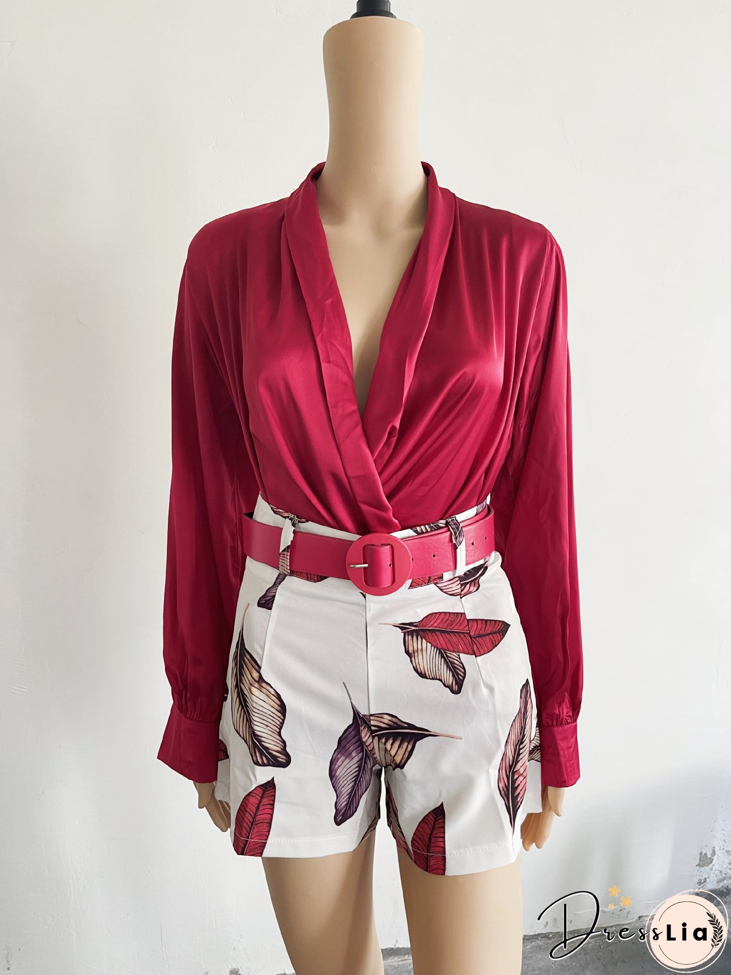 Spring Women's Casual Suit V-Neck Long Sleeve Solid Color Shirt Top Printed Shorts Two-Piece Set