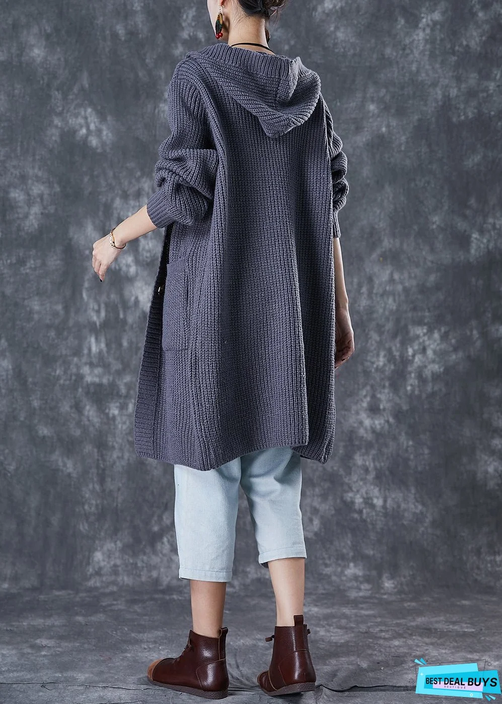 Women Grey Hooded Oversized Knit Cardigan Fall