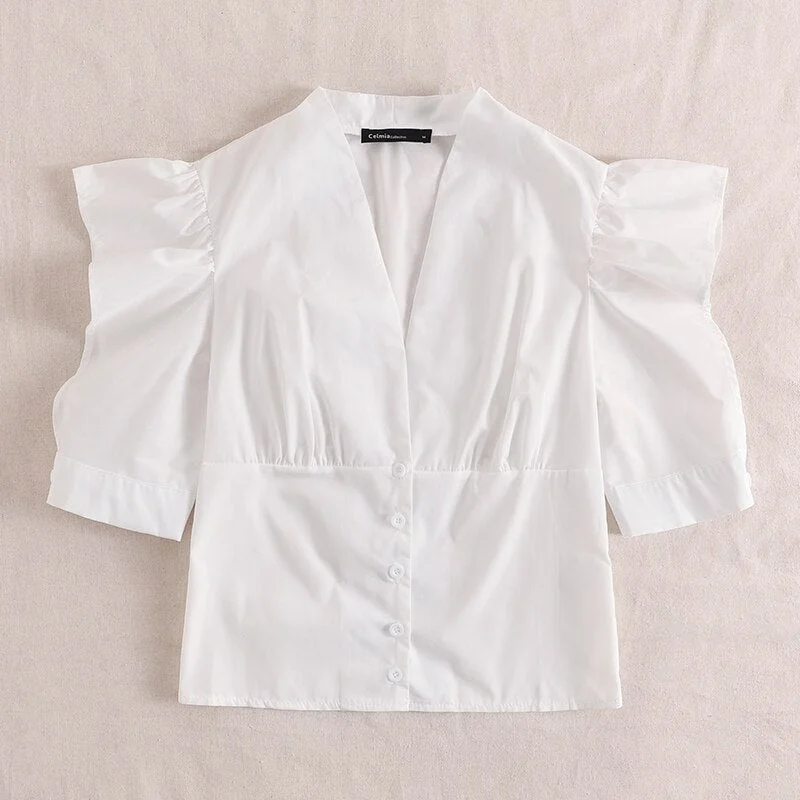 Women Fashion Ruffles White Shirts Celmia Elegant Office Tops Tunic 2022 Half Sleeve Summer Blouses Casual Loose Buttons Blusas