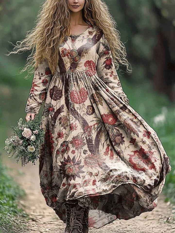 Women's Vintage Bohemian Floral Print Crew Neck Pocket Cotton Dress