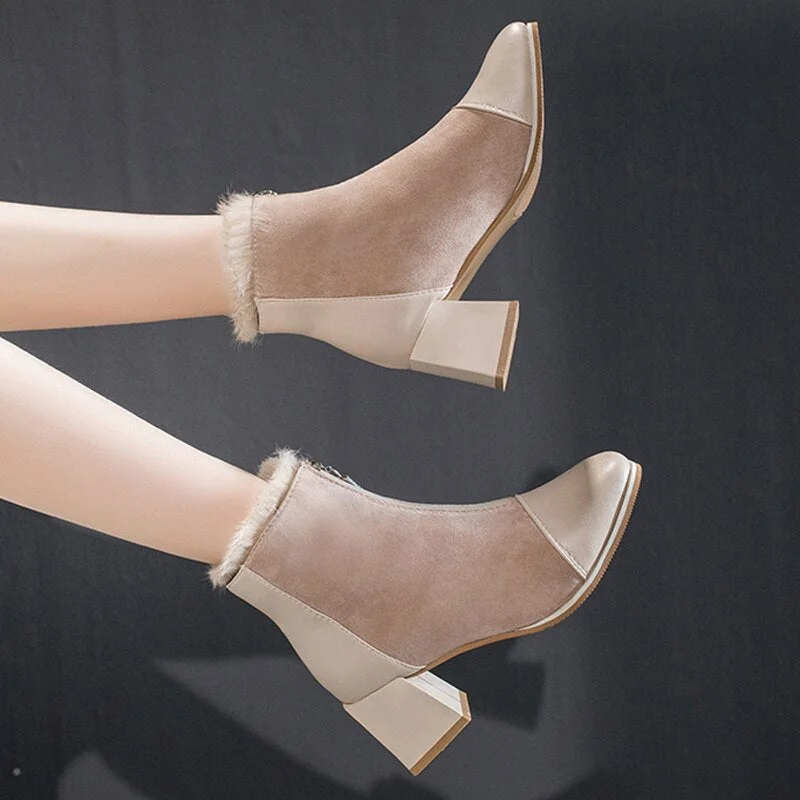 Fashion Women Boots Comfortable Plush Warm Fur Ladies Ankle Boots Elegant High Heels Solid Color Convenient Zipper Female Boots