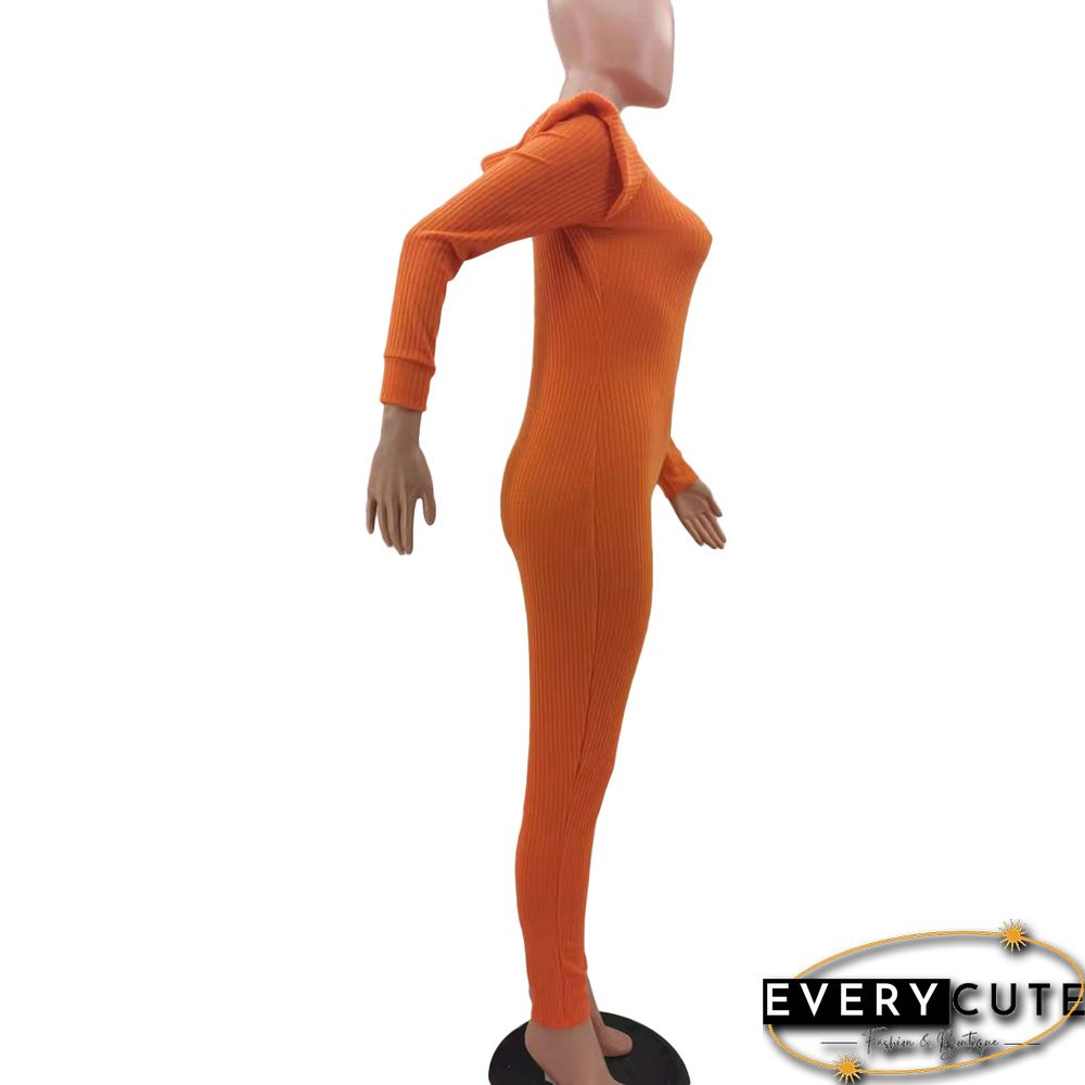 Knitted Long Sleeve Shoulder Padded Hooded Jumpsuit