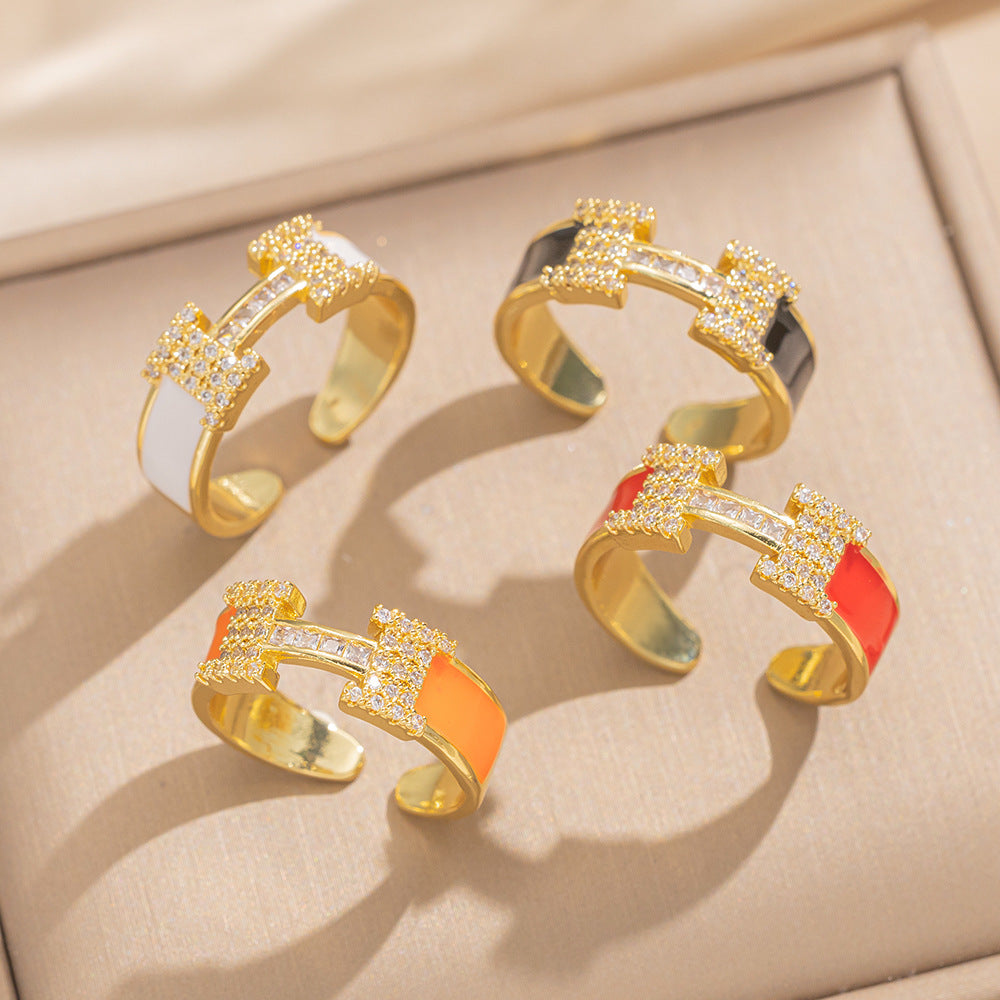 Popular H-Shaped Design Couple Rings With Micro-Inlaid Zircon Black And White Open Adjustment Rings For Men And Women