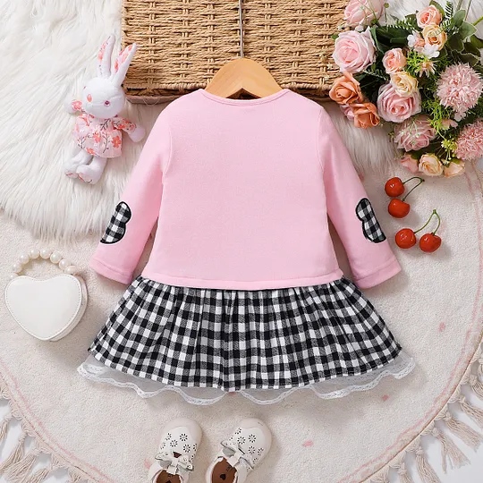 【18M-6Y】Girls Pink Plaid Rabbit Splicing Dress