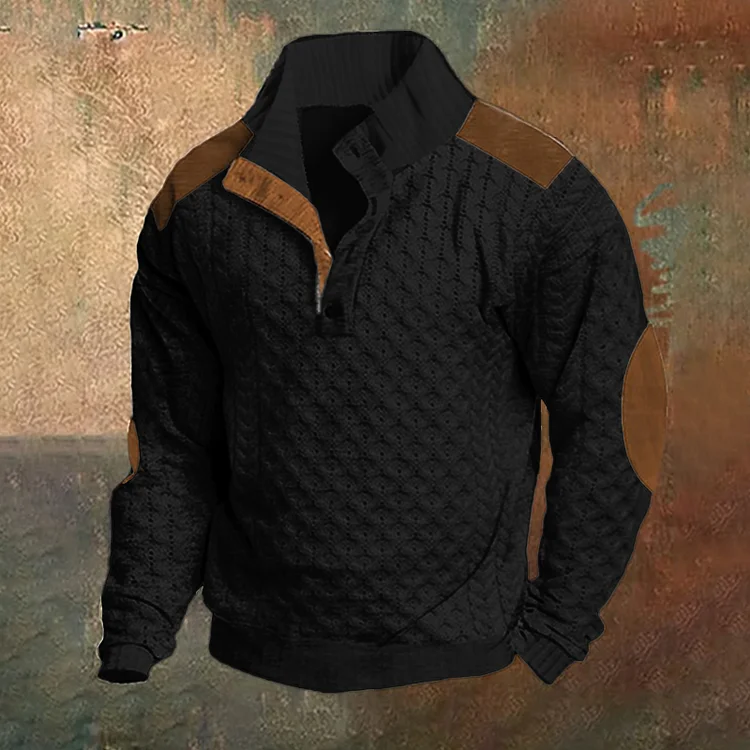 Utbros Men's Casual Color Block Knitted Jacquard Stand Collar Pullover Sweatshirt