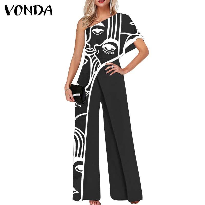 Women Fashion Jumpsuits 2022 VONDA One Shoulder Printed Jumpsuits Women Trousers Female Palazzo Wide Leg Pants Pantalon Femme