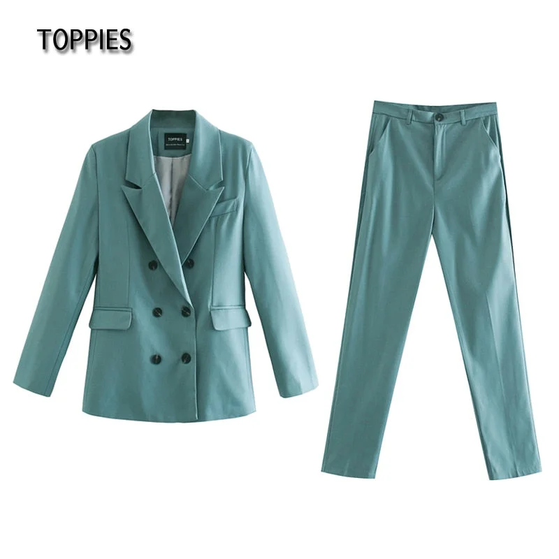 Toppies 2021 spring blazer + pant two peice set women double breasted suit jacket high waist pants