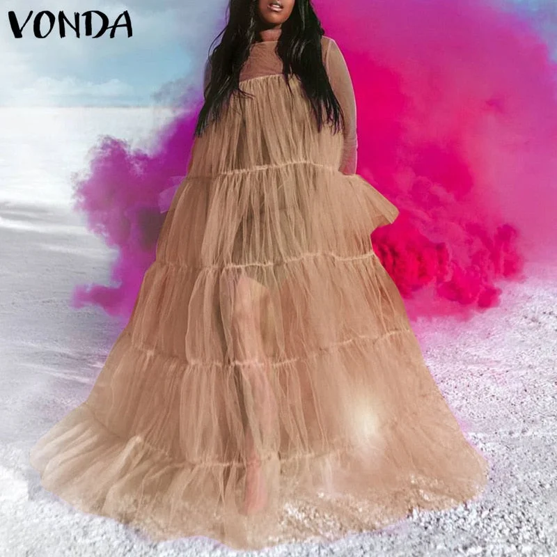VONDA Women Evening Party Dress Elegant See Through Maxi Dresses 2022 Casual Vestido  Robe Femme Femininas