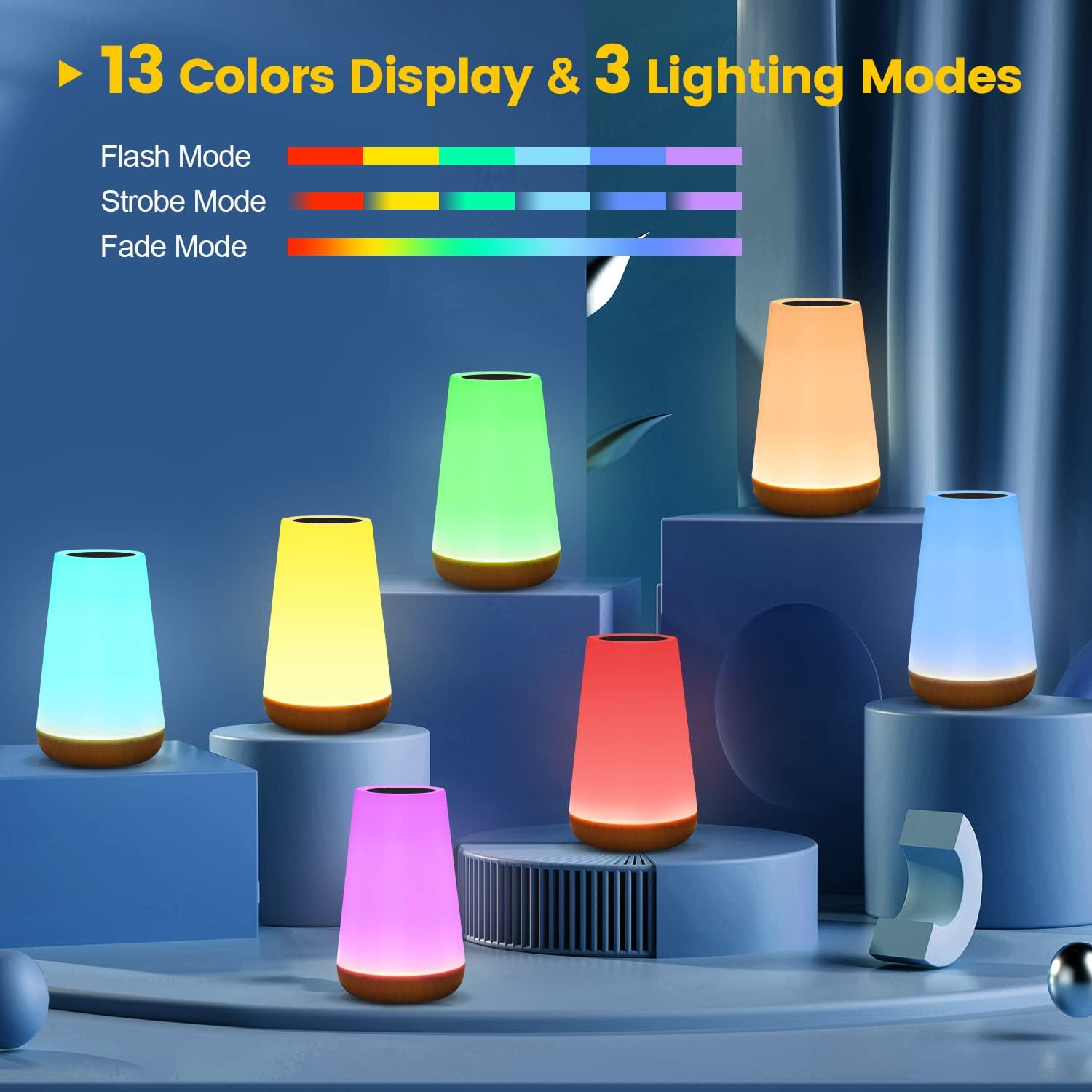 Likron Watches Rechargeable RGB Bedside Lamp with Remote Control - 13 Color Changing Dimmable LED Night Light with Timer