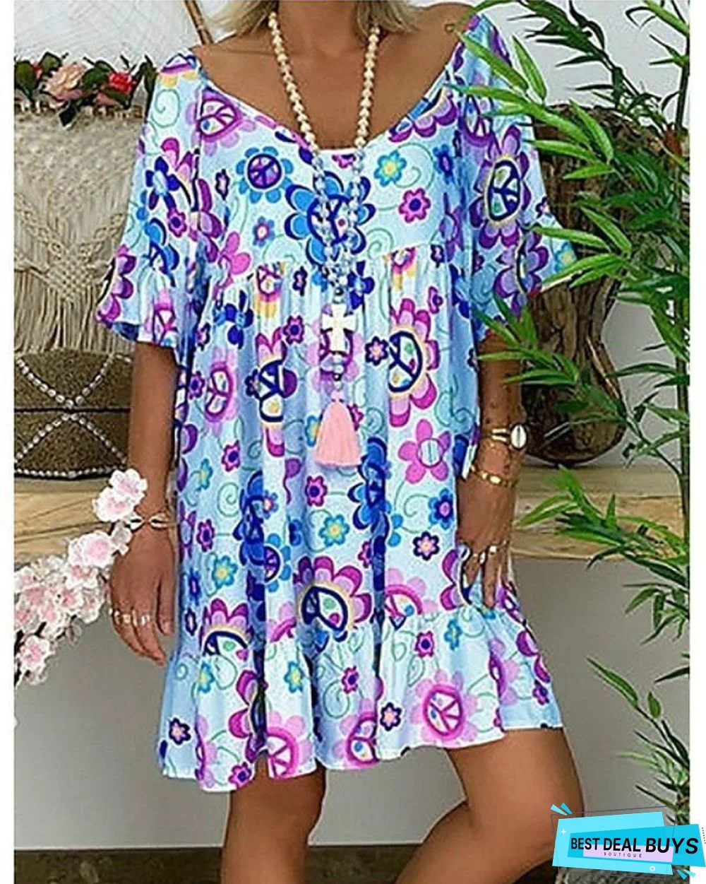 Women's Tunic Knee Length Dress - Short Sleeve Floral Print Summer Basic Hot White Blue Red Light Blue-0218817