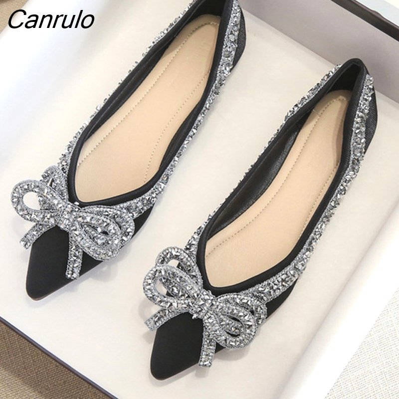 Canrulo Women Flat Elegant Fashion Women Flat Fashion Ballet Shoes Bling Crystal Bow Tie Pointed Toe Flats Shoes Lady Shiny Flat