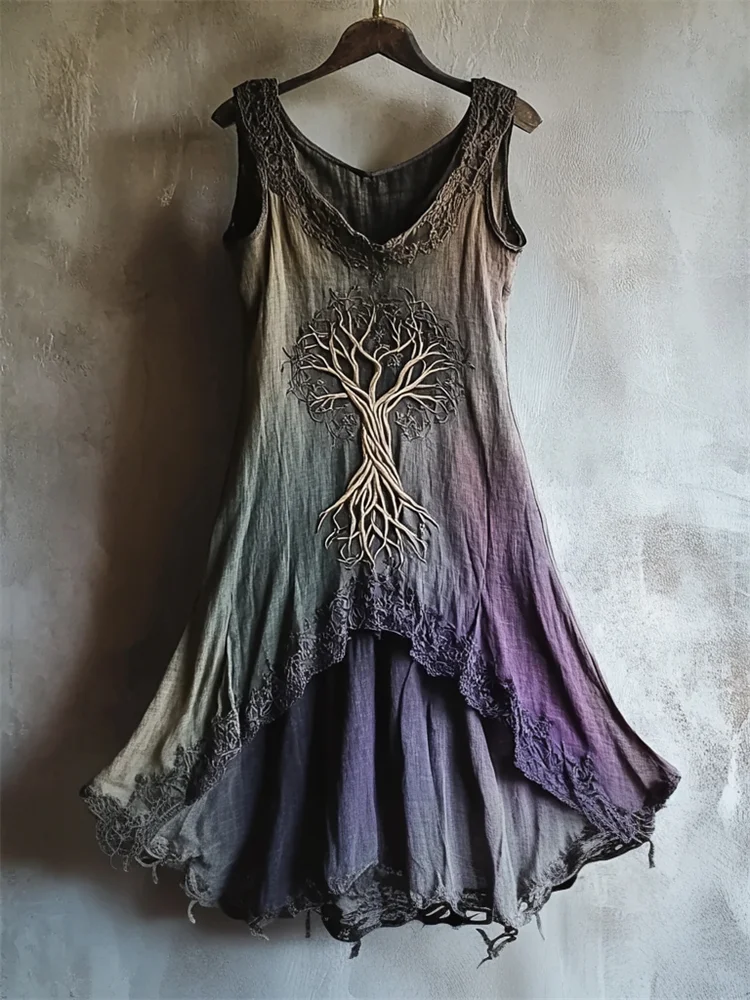 Vintage Tree Of Life Lace Hem Gradient Dyed Linen Dress