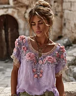 Women's Vintage Floral Embroidered Art Flowy Linen Blend Short Sleeve Casual Tops - Image 6