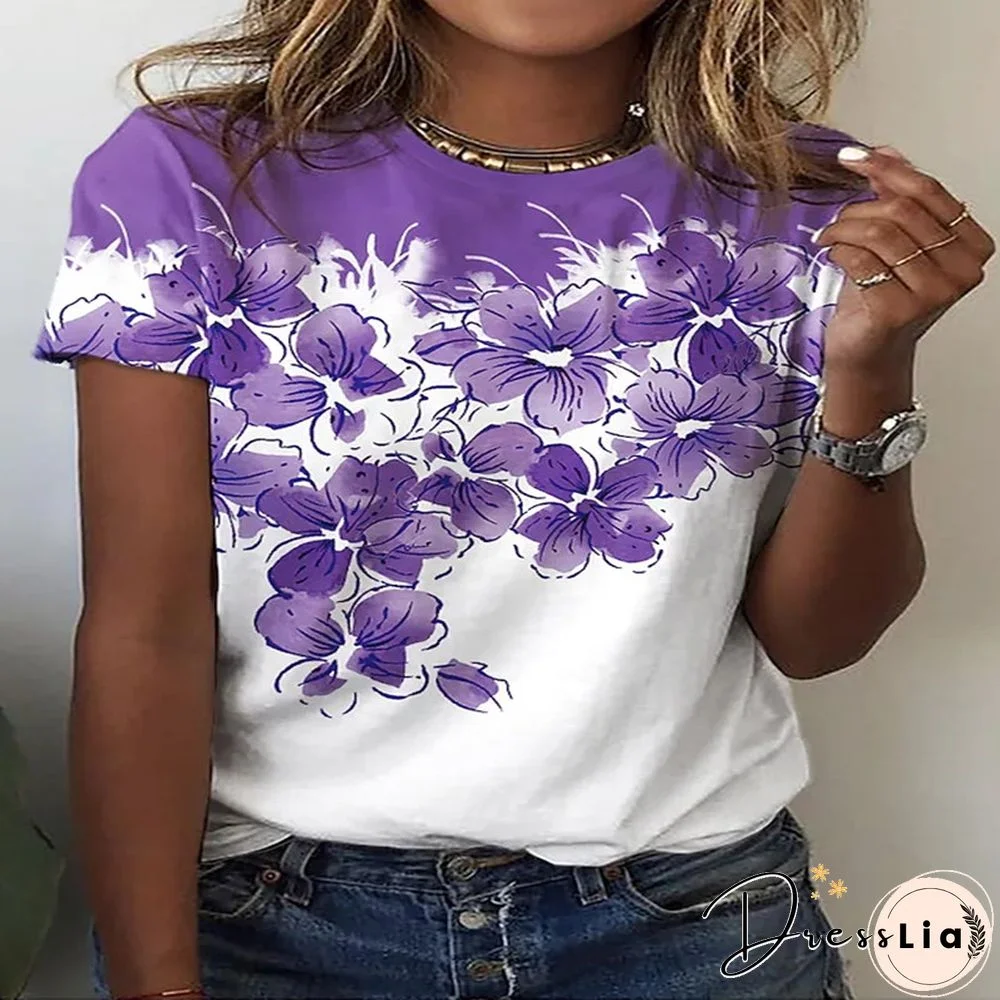 Summer New 3D Printing Ladies Casual Floral Theme Painting T-Shirt Printing Round Neck Soft Fashion Women's Clothing