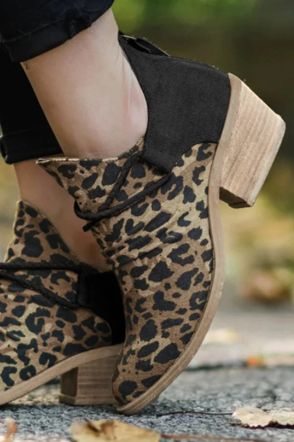 Retro Pointed Toe Square Heel Leopard Print Fashion Short Boots