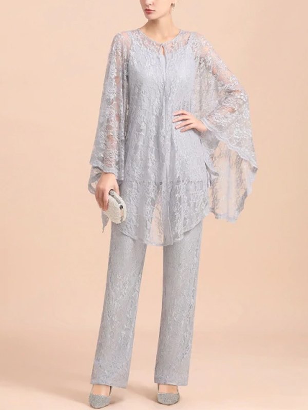 Elegant V-Neck Appliques Silver Mother Of Bride Jumpsuit With Lace Wraps