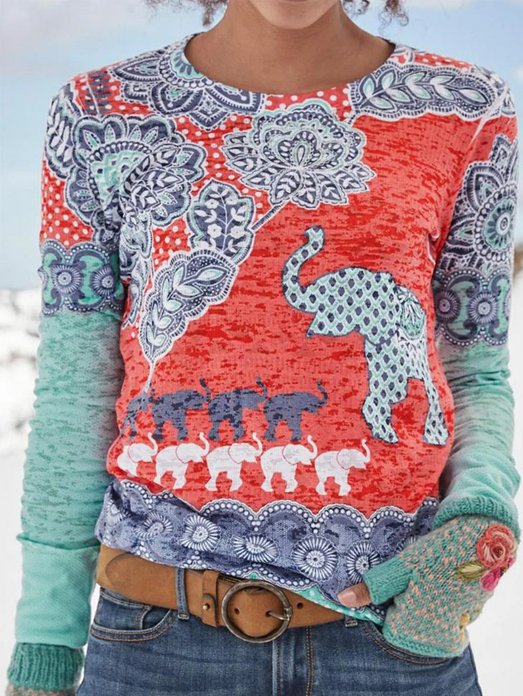 Ethnic Elephant & Floral Print Crew Neck Top