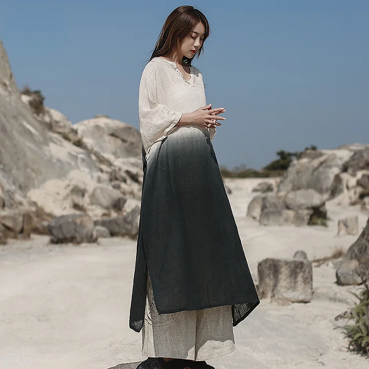 Original Loose Gradient Cotton Linen Maxi Dress