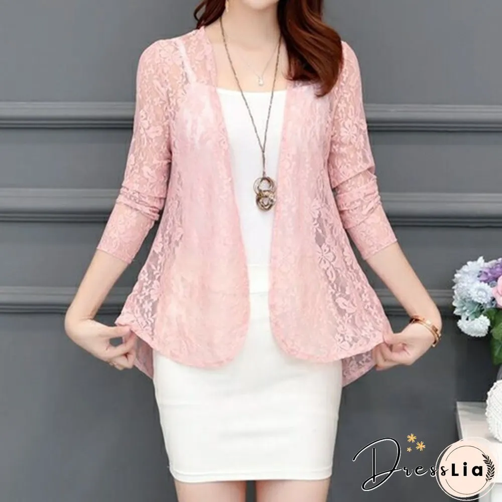 Womens Fashion Lace Cardigans Long Sleeves Solid Color Slim Fit Coat Casual Trench Outwear