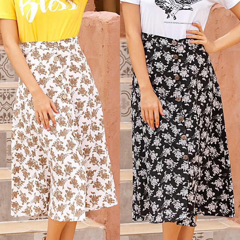 High Waist Skirt Women's Summer Slimming Button Mid-length Irregular A- Line Midi Dresses