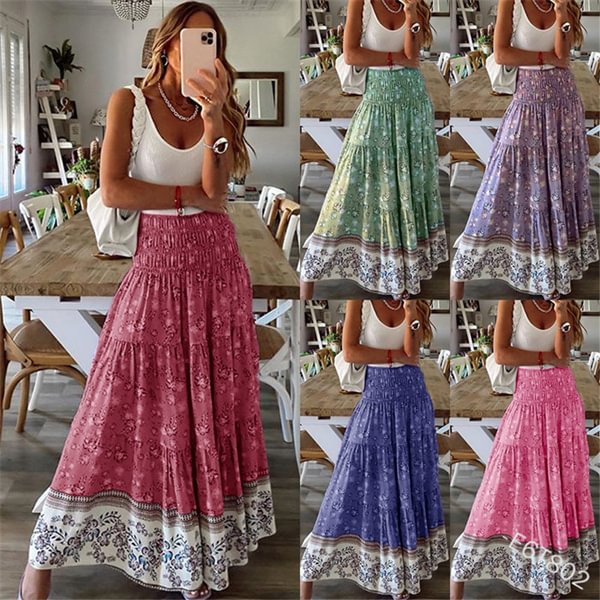 Plus Size 5Xl Skirt For Women Fashion Skirts Summer Boho Long Skirt Floral Printing Wrinkle Skirt - Life is Beautiful for You - SheChoic
