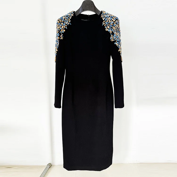 Black Embellished Crystal Bead Long Sleeve Midi Dress