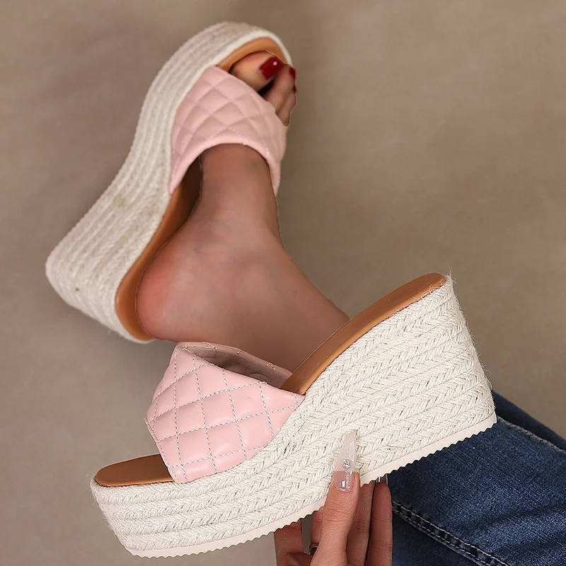 Wongn Wongn Slope Heel Thick Bottom High Toe Sandals Female Grass Hemp Rope Bottom