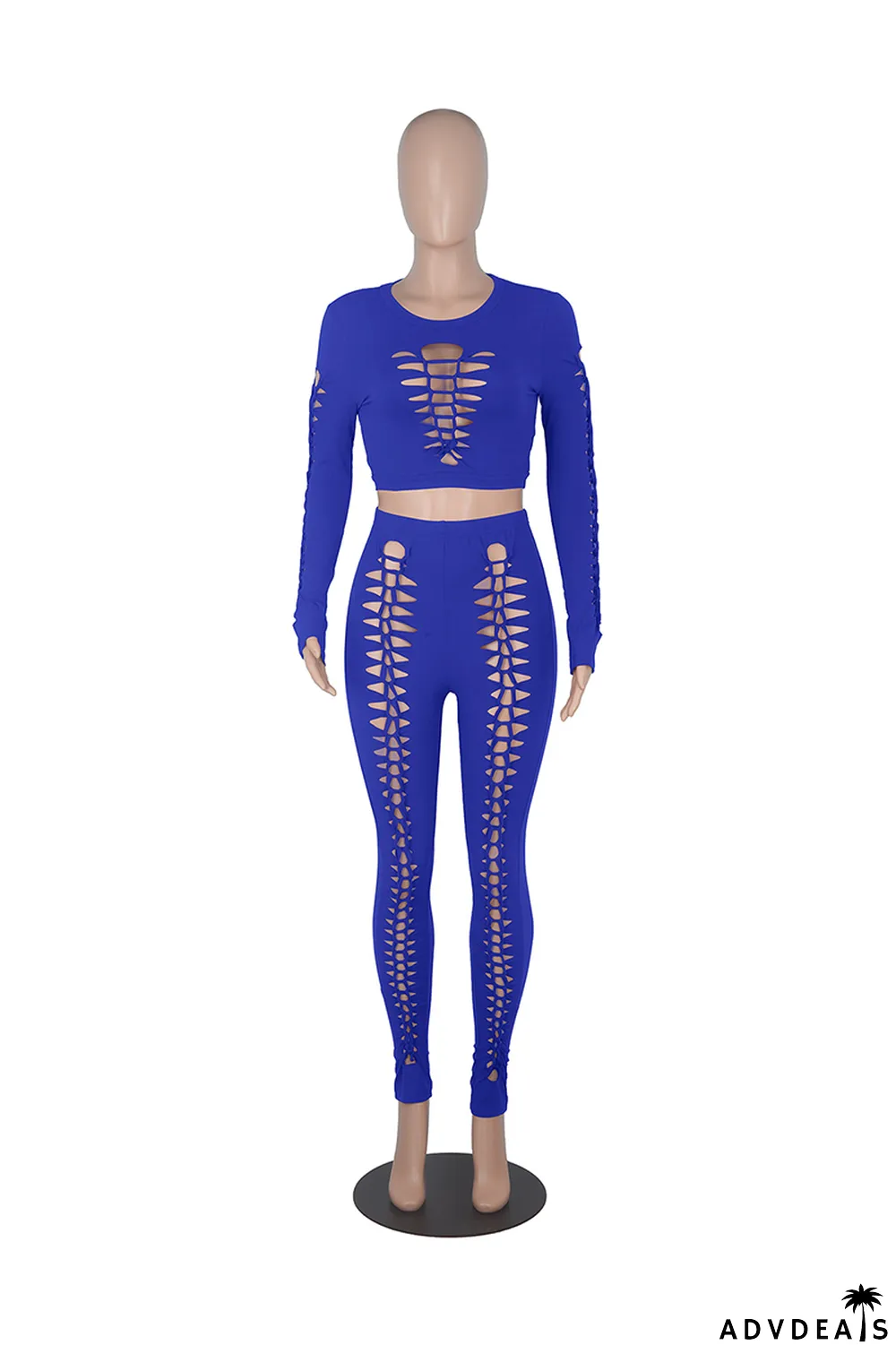 Color Blue Sexy Solid Ripped O Neck Long Sleeve Two Pieces