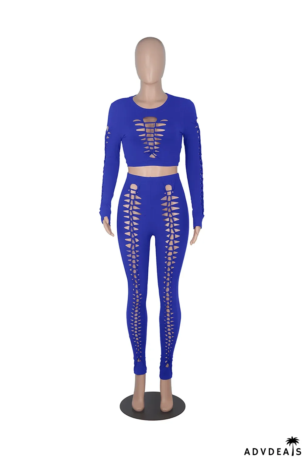 Color Blue Sexy Solid Ripped O Neck Long Sleeve Two Pieces