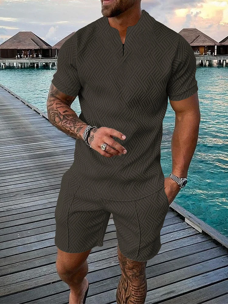 Men's Solid Color Zip Polo Shirt and Shorts Two-Piece Suits