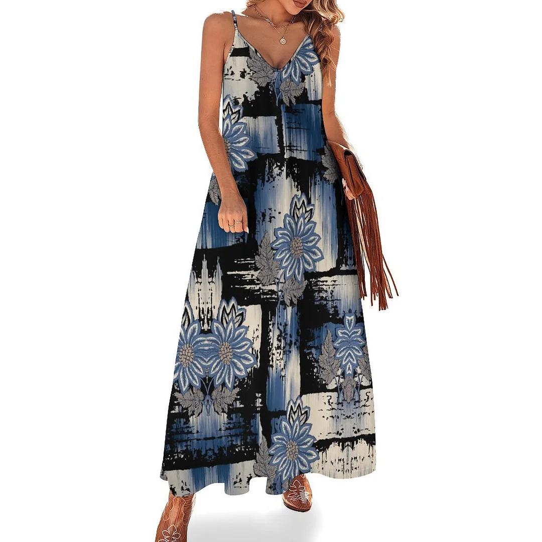 Style & Comfort for Mature Women Plus Size Printed Sling Casual Women Maxi Dress in Pattern Patchwork, Black, Navy