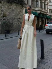 Bokeni Sexy Solid Sleeveless Women Zipper Long Pleated Dress Fashion V-neck Zipper Slim Sleeveless Dresses 2025 Summer Office Lady Robe