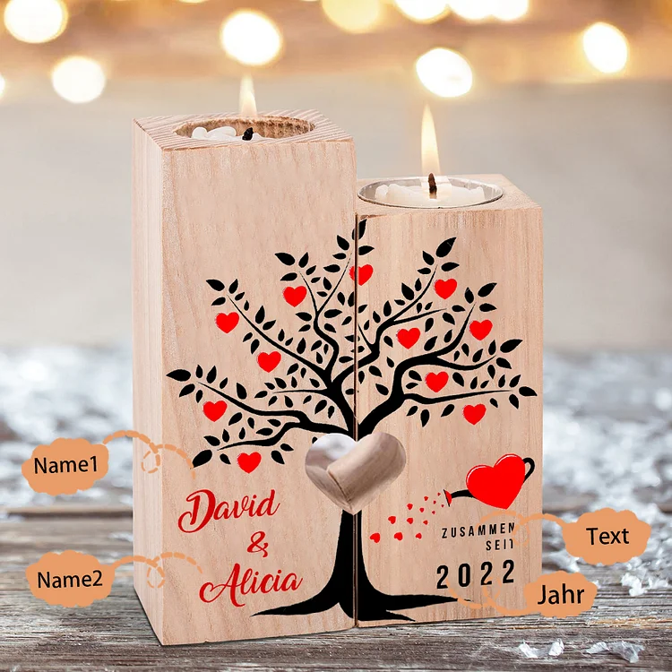 Kettenmachen Personalisierte 2 Namen & Text & Jahr Kerzenhalter -Hölzerne Kerzenständer Hochzeitstag Valentinstag Geschenke