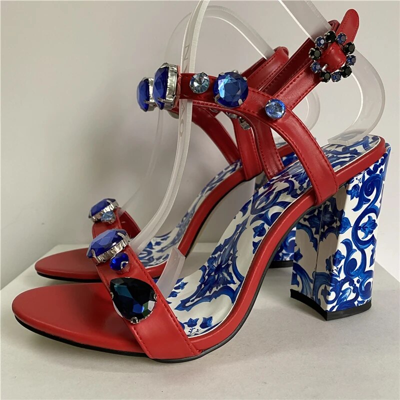 VCSHOES Blue And White Porcelain Print Sandals Women Chunky Heel Genuine Leather Crystal Rhinestone Embellished Modern Shoes
