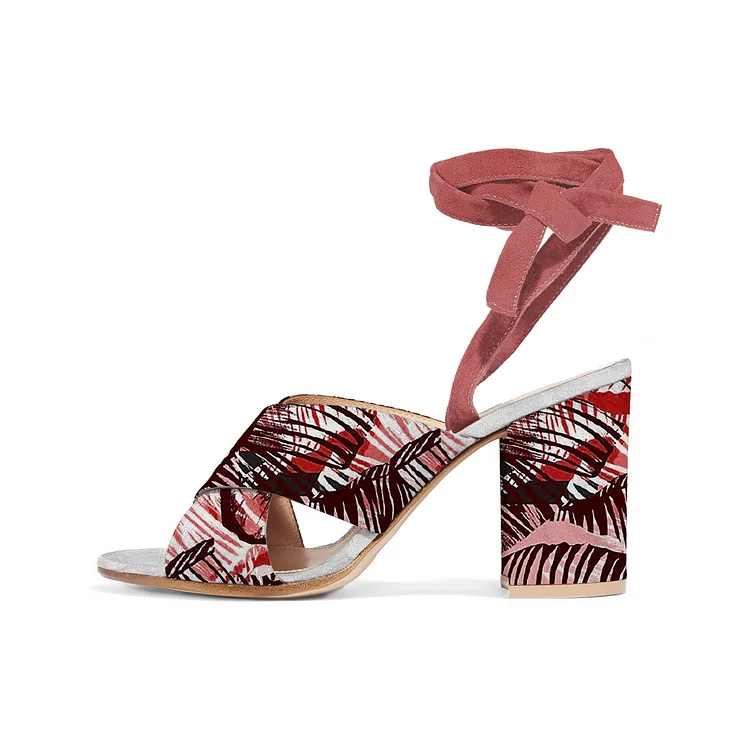 Floral Maroon Block Heel Strappy Sandals Vdcoo