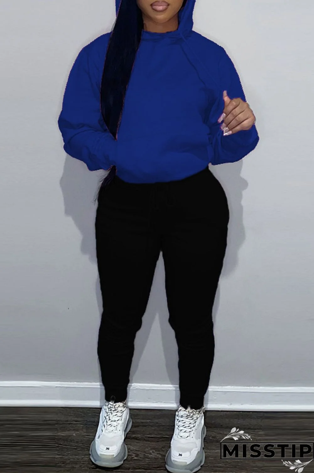 Blue Casual Solid Patchwork Hooded Collar Long Sleeve Two Pieces