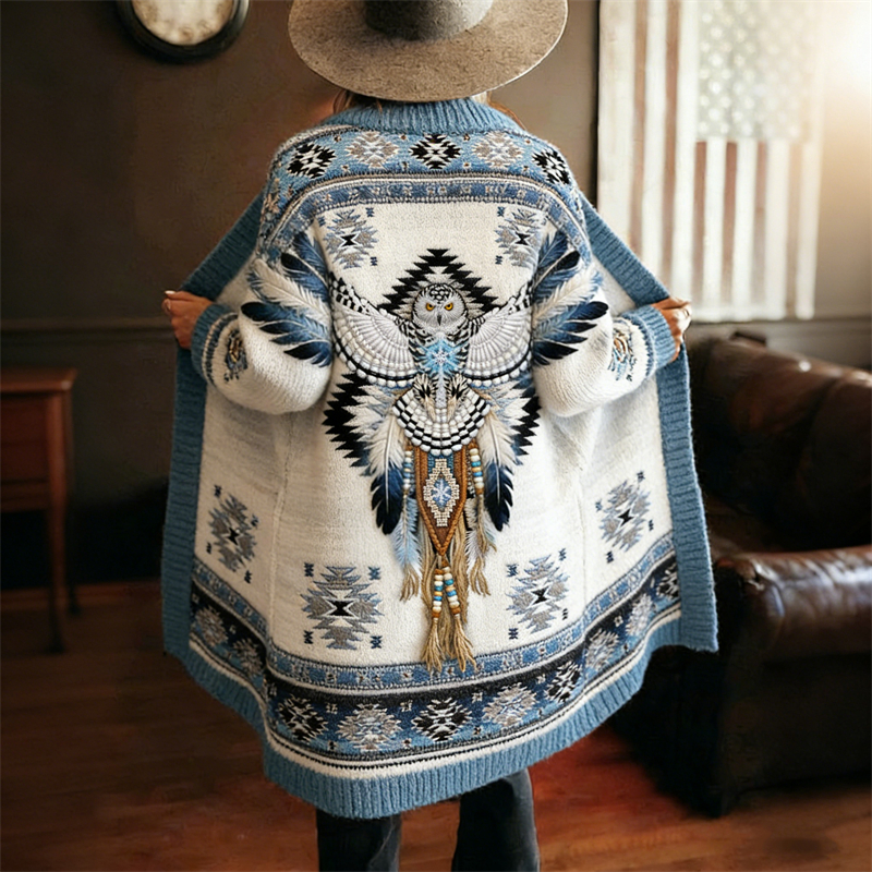 Western Ethnic Owl Aztec Pattern Cozy Knit Midi Cardigan wearshes